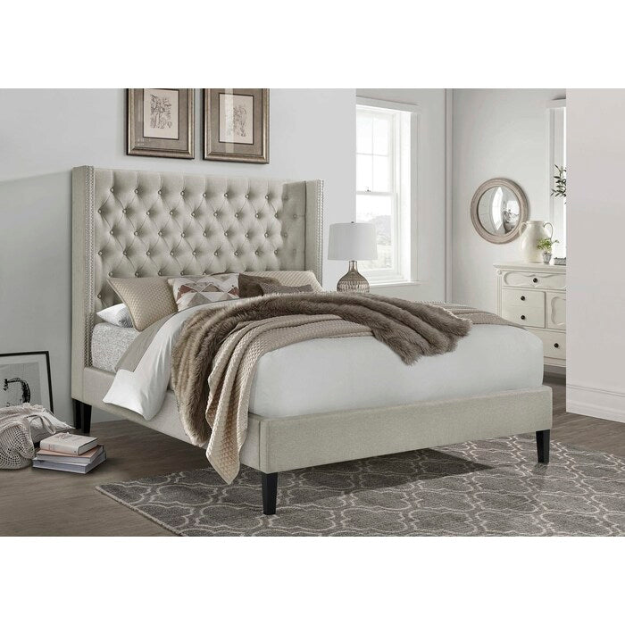 Gray Fabric Tufted Platform Bed w/ Turned Legs - Queen - M7556-QUEEN