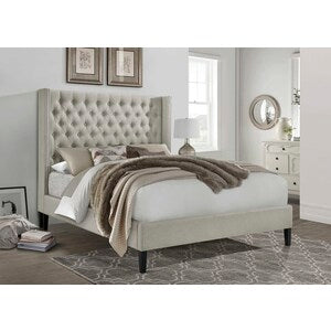 Wing Back Linen Upholstered Tufted Platform Bed with Nail Heads.
(Fully... - M7536-QUEEN