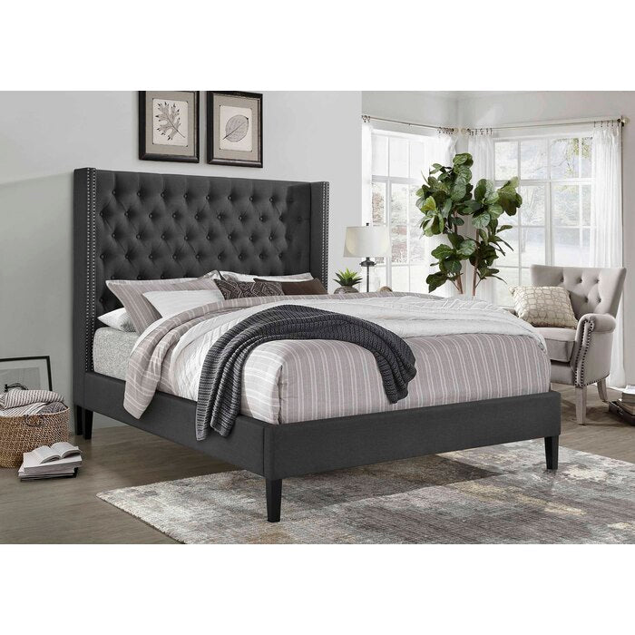 Wing Back Linen Upholstered Tufted Platform Bed with Nail Heads.
(Fully... - M7536-QUEEN